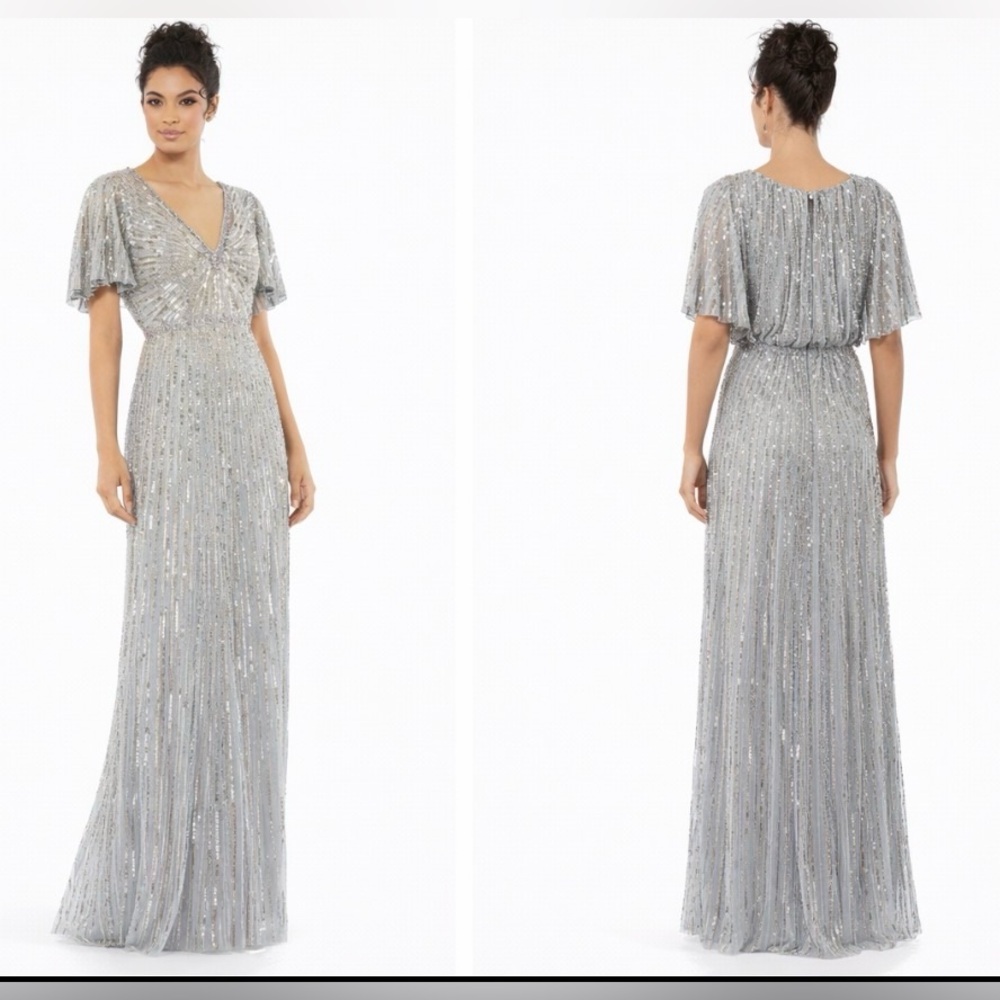 Mac Duggal 5538 Silver Gray Sequin Formal 12 V Butterfly Sleeve Dress Gown $595